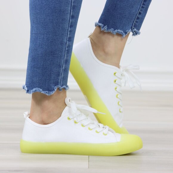 White Canvas Sneakers Yellow Sole Lace-Up Casual Everyday Comfort - Picture 3 of 14